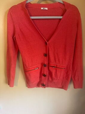 Willi Smith Coral-Red V-Neck Button Cardigan with Zip Pockets